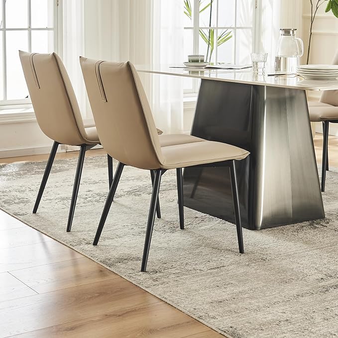 YOUTASTE Dining Chairs Set of 2 Mid Century Modern Upholstered Kitchen Chairs Soft Padded Side Chairs Leather Dinner Chairs with Metal Legs for Living Room Bedroom, Khaki - LeafyLoom