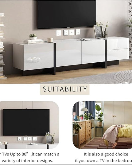 Merax Contemporary Rectangle Design TV Stand for Television Up to 80", Unique Style Console Table, Modern Storage Cabinet with High Gloss UV Surface for Living Room, 74.8" length, White - LeafyLoom
