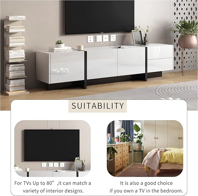 Merax Contemporary Rectangle Design TV Stand for Television Up to 80", Unique Style Console Table, Modern Storage Cabinet with High Gloss UV Surface for Living Room, 74.8" length, White - LeafyLoom