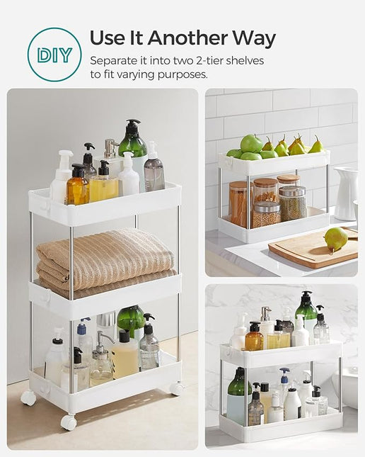 SONGMICS Slim Storage Cart, 3-Tier Rolling Cart, Narrow Utility Cart on Wheels, 6 Hooks, 360° Swivel Wheels, Lockable, Steel Frame, Bathroom, Kitchen, Office, Cloud White UKSC009W01 - LeafyLoom
