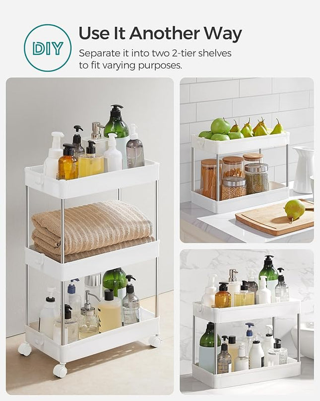 SONGMICS Slim Storage Cart, 3-Tier Rolling Cart, Narrow Utility Cart on Wheels, 6 Hooks, 360° Swivel Wheels, Lockable, Steel Frame, Bathroom, Kitchen, Office, Cloud White UKSC009W01 - LeafyLoom
