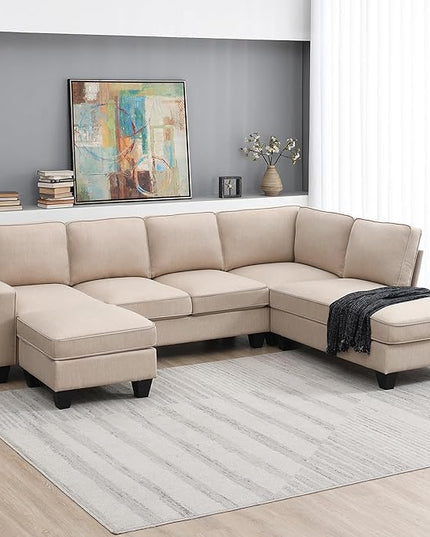 104" L-shaped Sectional Sofa, 7 Seater Couch Set with Chaise Lounge and Convertible Ottoman, Comfy Sectional Sofa for Living Room, Apartment, Office - LeafyLoom