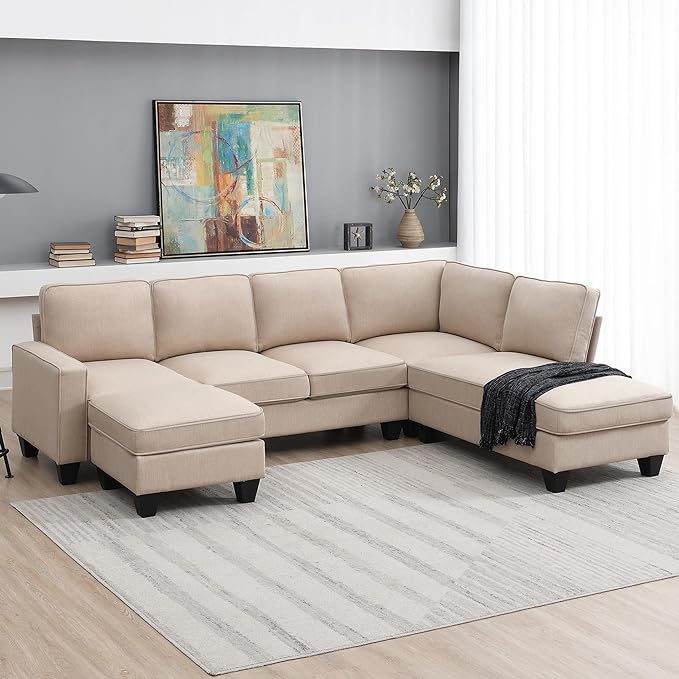 104" L-shaped Sectional Sofa, 7 Seater Couch Set with Chaise Lounge and Convertible Ottoman, Comfy Sectional Sofa for Living Room, Apartment, Office - LeafyLoom