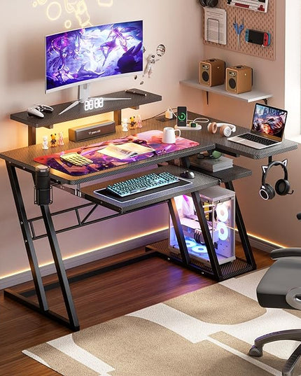 Small Gaming Desk with Shelves and Outlets, L Shaped Gaming Desk with LED Lights, Reversible L Shaped Computer Desk for Gamer, Carbon Fiber Black, 39"-11 - LeafyLoom