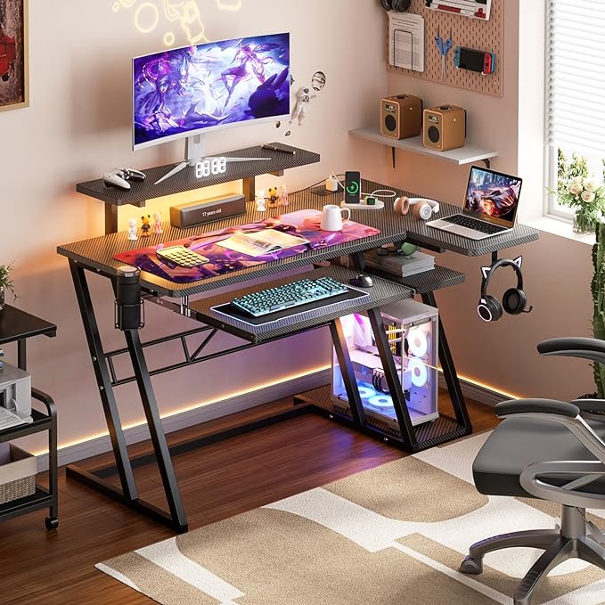 Small Gaming Desk with Shelves and Outlets, L Shaped Gaming Desk with LED Lights, Reversible L Shaped Computer Desk for Gamer, Carbon Fiber Black, 39"-11 - LeafyLoom