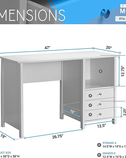 Techni Mobili White Desk with Drawers - Small Office Desk with 3 Cabinet Drawers, Open Shelf, & Laminated Wooden Panels Office & Study Table for Bedroom & Workstations - LeafyLoom