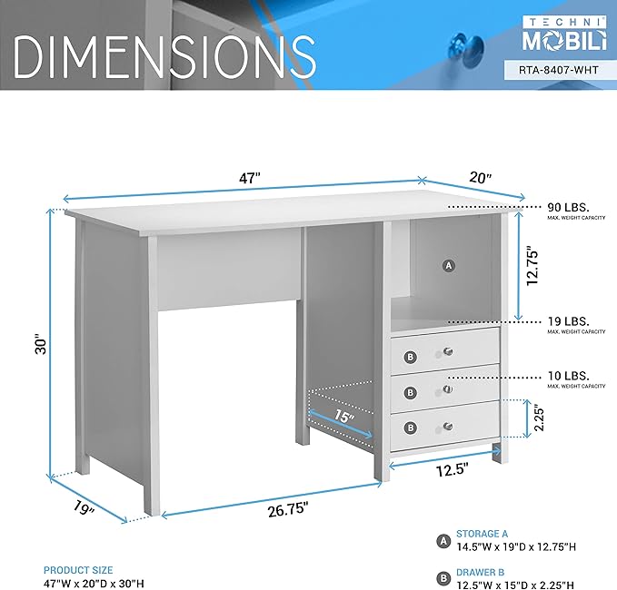Techni Mobili White Desk with Drawers - Small Office Desk with 3 Cabinet Drawers, Open Shelf, & Laminated Wooden Panels Office & Study Table for Bedroom & Workstations - LeafyLoom