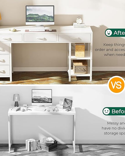 Computer Desk with 6 Drawers, 54 Inch Office Desk with Shelves, Reversible Gaming Desk, Corner Desk with Storage, Work Desk for Home Office, Study, Living Room, White - LeafyLoom