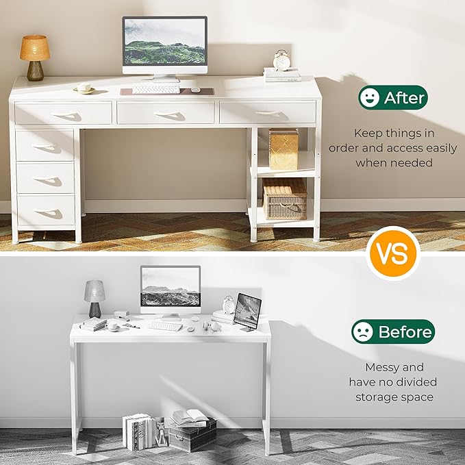 Computer Desk with 6 Drawers, 54 Inch Office Desk with Shelves, Reversible Gaming Desk, Corner Desk with Storage, Work Desk for Home Office, Study, Living Room, White - LeafyLoom