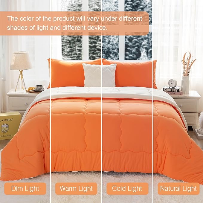 COTTEBED Warm Reversible Ultra-Soft Burnt Orange and Beige Comforter Set Queen, Breathable Fluffy Bedding Down Comforters Sets &2 Pillowshams for Women Girls Winter, Full/Queen Size Bed - LeafyLoom
