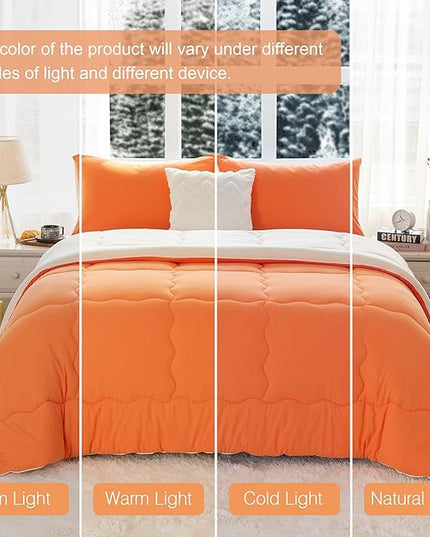 COTTEBED Warm Reversible Softness Burnt Orange and Beige King Size Comforter Sets Clearance, California King Soft Fully Breathable Bedding Down Comforter and Pillowsham for Women Winter King/Cal King - LeafyLoom