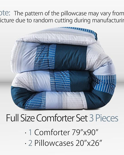 Andency Stripe Comforter Set Full Size (79x90 Inch), 3 Pieces Navy Patchwork Striped Comforter, Soft Microfiber Down Alternative Comforter Bedding Set with Corner Loops - LeafyLoom