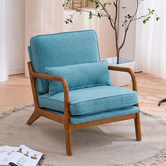 Bonnlo Teal Accent Chairs Set of 2, Upholstered Mid Century Modern Lounge Chairs Reading Chairs Side Sitting Chair Solid Wood Farmhouse Armchairs for Living Room, Bedroom, Guest Room - LeafyLoom