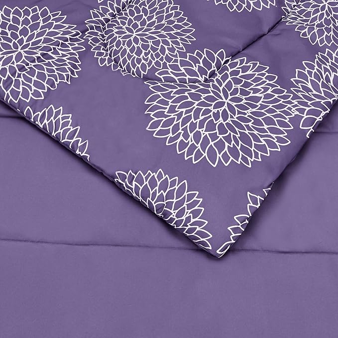 Amazon Basics Lightweight Microfiber Bed-in-a-Bag Comforter 5-Piece Bedding Set, Twin/Twin XL, Purple Floral - LeafyLoom