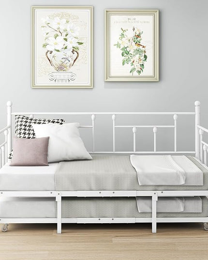 Twin Daybed with Trundle/Steel Slat Support/Space Saving Trundle Bed and Multi-Functional Furniture for Living Room and Guest Room, White - LeafyLoom