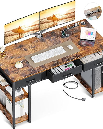 AODK 55 Inch Office Desk with Fabric Drawers & Power Outlets, Computer Desk with Storage Shelves & CPU Stand, Study Table, Writing Desk for Bedroom, Vintage - LeafyLoom