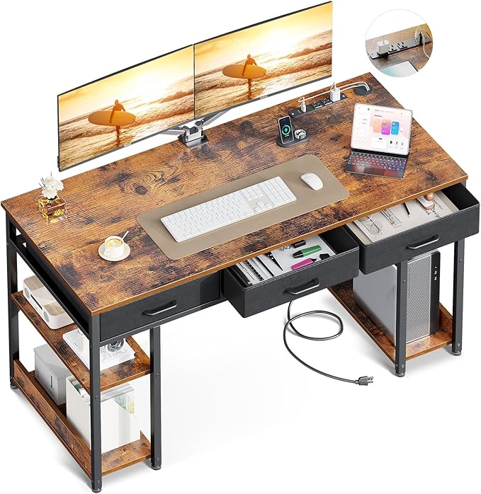 AODK 55 Inch Office Desk with Fabric Drawers & Power Outlets, Computer Desk with Storage Shelves & CPU Stand, Study Table, Writing Desk for Bedroom, Vintage - LeafyLoom