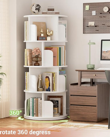 Rotating Bookshelf, Wood Corner Bookshelf, 360 Display Spinning Bookcase Storage Rack, 4 Tier Floor Standing Revolving Bookcase Narrow Book Shelf Organizer for Small Space, Bedroom, White - LeafyLoom