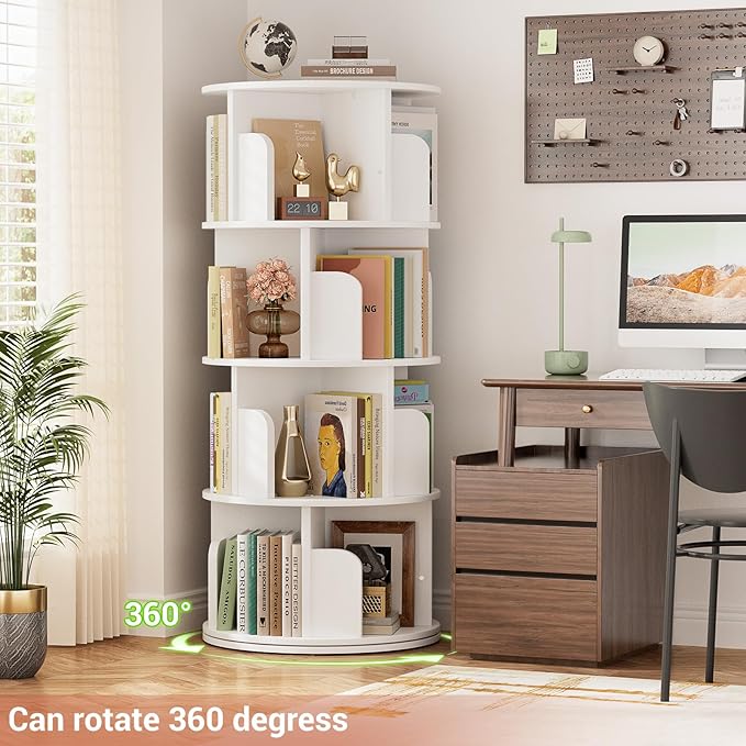 Rotating Bookshelf, Wood Corner Bookshelf, 360 Display Spinning Bookcase Storage Rack, 4 Tier Floor Standing Revolving Bookcase Narrow Book Shelf Organizer for Small Space, Bedroom, White - LeafyLoom