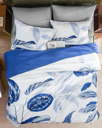 WRENSONGE Queen Comforter Set, 7 Pieces Blue Floral Comforter Set with Sheets for Queen Size Bed, Leaf Pattern Queen Bedding Set, Soft Lightweight Breathable Microfiber Bed in a Bag for All Seasons - LeafyLoom
