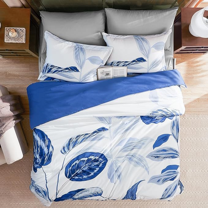 WRENSONGE King Size Comforter Set, 7 Pieces Blue Floral Comforter Set with Sheets for King Size Bed, Leaf Pattern King Bedding Set, Soft Breathable Microfiber Bed in a Bag King for All Seasons - LeafyLoom
