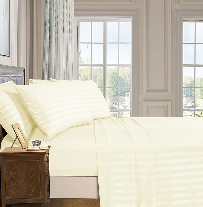 Elegant Comfort Softest and Coziest 4-Piece Sheet Set - 1500 Premium Hotel Quality Microfiber - Luxurious Wrinkle Resistant 4-Piece Damask Stripe Bed Sheet Set, Twin XL, Ivory - LeafyLoom