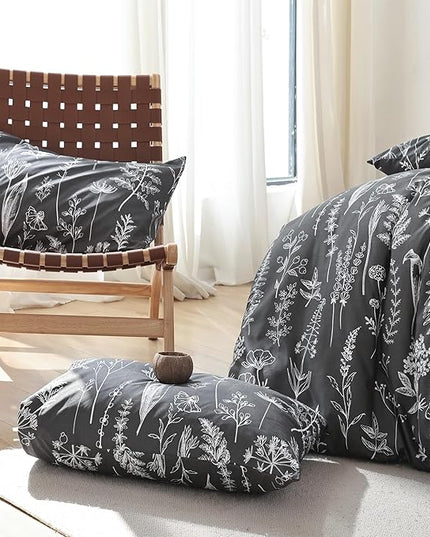 JANZAA Queen Comforter Set Dark Grey Comforter set Floral Comforter with 2 Pillow Cases Fluffy Microfiber Comforter Set for All Season Using Soft Comforter Set Boho - LeafyLoom