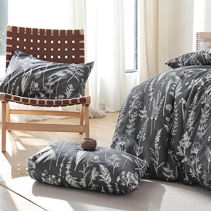 JANZAA Queen Comforter Set Dark Grey Comforter set Floral Comforter with 2 Pillow Cases Fluffy Microfiber Comforter Set for All Season Using Soft Comforter Set Boho - LeafyLoom
