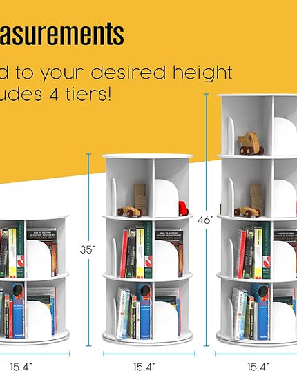 Rotating Bookshelf, Revolving Bookcase, Spinning Book Shelf, 4 Tier, 18.2” W x 50.6” H, White, Wood, 360 Degrees Bookshelves, Floor Stand, Rotation Display Tower, Stackable, Round, for Kids, Children - LeafyLoom