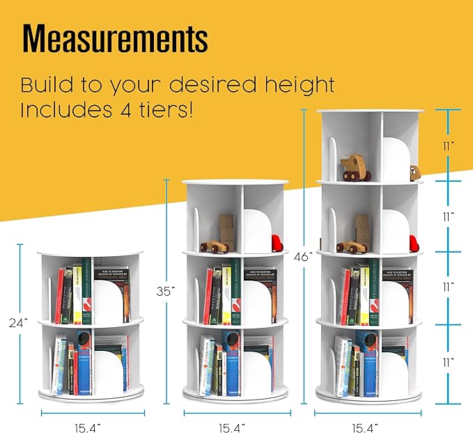Rotating Bookshelf, Revolving Bookcase, Spinning Book Shelf, 4 Tier, 18.2” W x 50.6” H, White, Wood, 360 Degrees Bookshelves, Floor Stand, Rotation Display Tower, Stackable, Round, for Kids, Children - LeafyLoom