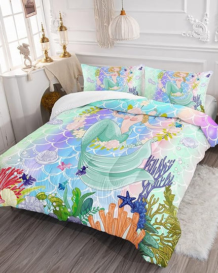 CVHOUSE Mermaid Comforter Set,Ocean Sea Mermaid Bedding Set for Girls Kids Teens,Mermaid Comforter Butterflies Duvet Set Room Decor Quilt Set Full Size - LeafyLoom