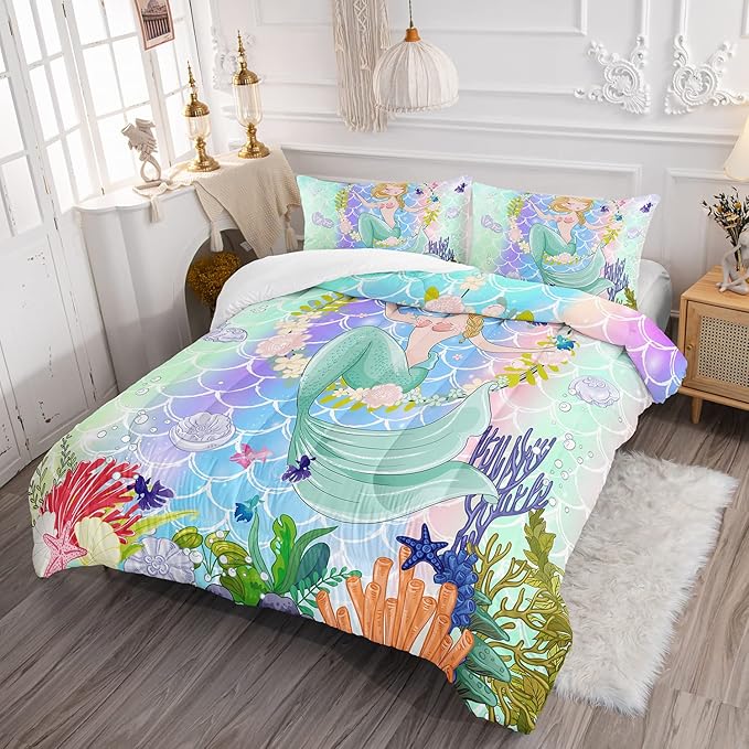 CVHOUSE Mermaid Comforter Set,Ocean Sea Mermaid Bedding Set for Girls Kids Teens,Mermaid Comforter Butterflies Duvet Set Room Decor Quilt Set Twin Size - LeafyLoom