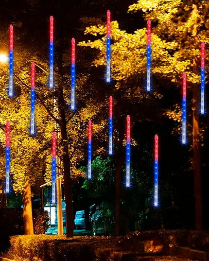 Dazzle Bright 4th of July Lights Decorations, 288LED Red Blue and White Meteor Shower Rain Lights 12Inch 8 Tubes, Waterproof Plug in Falling Rain Lights Independence Day for Outdoor Yard DazzleBright