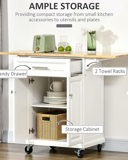 HOMCOM Kitchen Island with Drop Leaf Trolley Cart on Wheels Drawer Cabinet Towel Racks Versatile Use Natural Wood Top and White - LeafyLoom