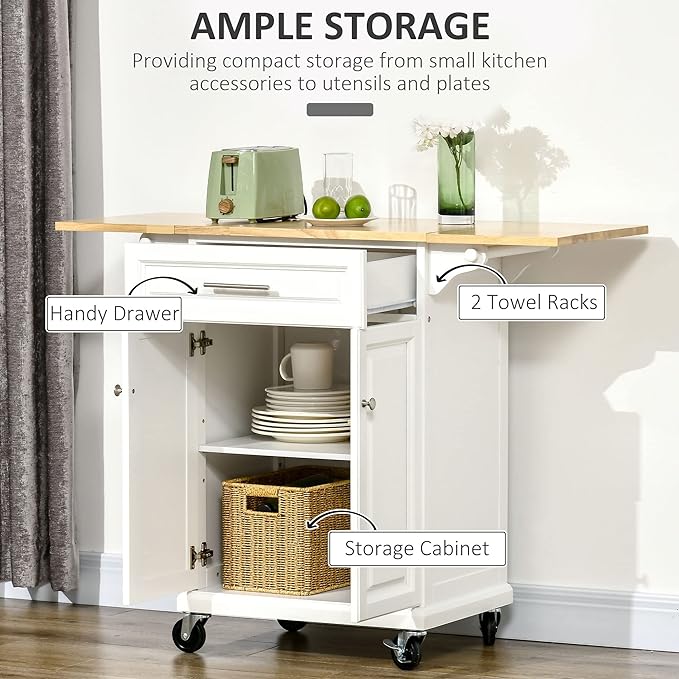 HOMCOM Kitchen Island with Drop Leaf Trolley Cart on Wheels Drawer Cabinet Towel Racks Versatile Use Natural Wood Top and White - LeafyLoom