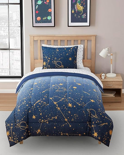 Kids Bedding Set Bed in a Bag for Boys and Girls Toddlers Printed Sheet Set and Comforter, Twin, Galaxy - LeafyLoom