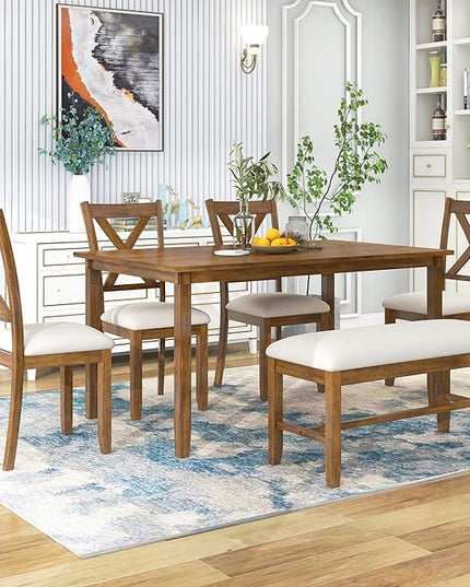 6-Piece Wooden Rectangular Dining Table Set with Bench and 4 Upholstered Chairs for Kitchen Living Room, Farmhouse Rustic Style, Natural Cherry, 60''L x 36''W x 30''H - LeafyLoom