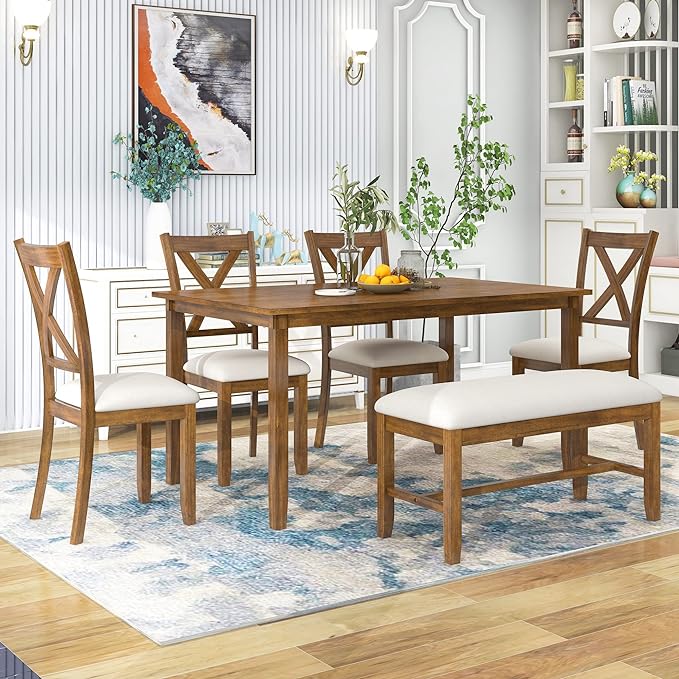 6-Piece Wooden Rectangular Dining Table Set with Bench and 4 Upholstered Chairs for Kitchen Living Room, Farmhouse Rustic Style, Natural Cherry, 60''L x 36''W x 30''H - LeafyLoom