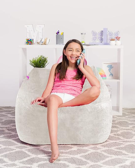 Posh Creations Structured Comfy Bean Bag Chair for Gaming, Reading, and Watching TV, Coronado Chair, Rabbit Fur - Cream, Faux Rabbit Fur - Cream - LeafyLoom