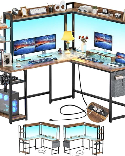 Aheaplus L Shaped Desk with Power Outlet, L Shaped Gaming Desk with Led Light & Hutch, Reversible Home Office Desk, Corner Computer Desk Writing Desk with Monitor Stand & Storage Shelf, Rustic Brown - LeafyLoom
