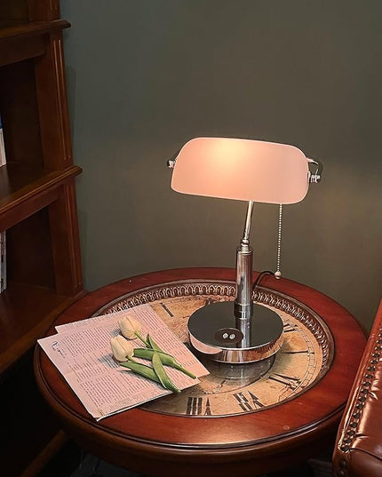 FIRVRE Bankers Lamp, White Glass Desk Lamp with Wireless Charger and 2USB Charging Port,Pull Chain Switch Lamp with Metal Base,Modern Reading Table lamp for Home Office, Piano, Library - LeafyLoom