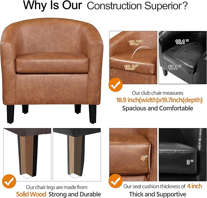 Yaheetech Accent Chair with Ottoman Footstool, PU Leather Modern Upholstered Soft Barrel Chair, Comfy Club Armchair and Footrest Set for Living Room/Bedroom/Reading Room/Guestroom, Brown - LeafyLoom
