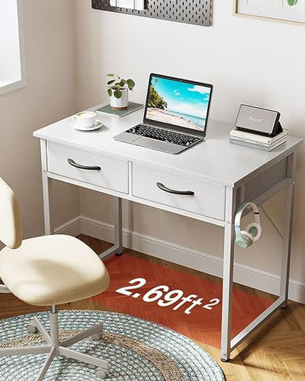 ODK Small Desk with Fabric Drawers- for Bedroom, White Vanity Desk with Storage, Home Office Computer Desk for Small Spaces, 32 Inch Modern Work Writing Study Table, White - LeafyLoom