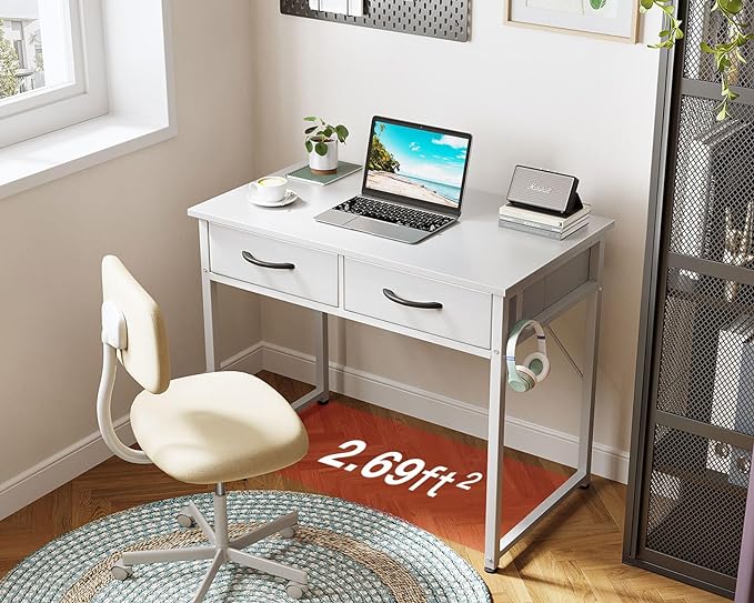 ODK Small Desk with Fabric Drawers- for Bedroom, White Vanity Desk with Storage, Home Office Computer Desk for Small Spaces, 32 Inch Modern Work Writing Study Table, White - LeafyLoom