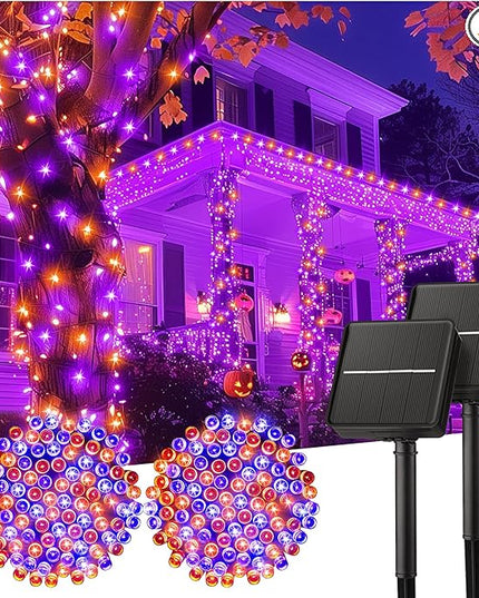 Minetom 2 Pack Solar Halloween Lights Outdoor, Total 80FT 200 LED Halloween String Lights with 8 Mode,Halloween Decoration Outdoor, Waterproof Solar String Lights for Outside Tree Yard,Orange & Purple Minetom