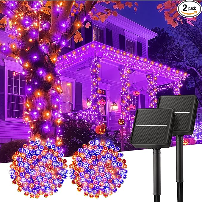 Minetom 2 Pack Solar Halloween Lights Outdoor, Total 80FT 200 LED Halloween String Lights with 8 Mode,Halloween Decoration Outdoor, Waterproof Solar String Lights for Outside Tree Yard,Orange & Purple Minetom