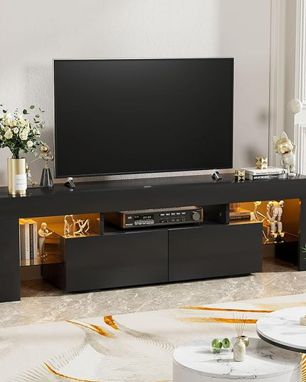 YESHOMY Modern LED TV Stand for Televisions up to 70 Inch with Glass Shelves and Drawer, Gaming Entertainment Center with Multiple Dynamic RGB Modes, for Livingroom, Bedroom, 60 Inch, Black - LeafyLoom