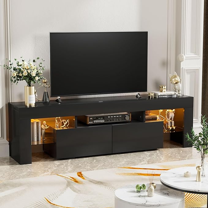 YESHOMY Modern LED TV Stand for Televisions up to 70 Inch with Glass Shelves and Drawer, Gaming Entertainment Center with Multiple Dynamic RGB Modes, for Livingroom, Bedroom, 60 Inch, Black - LeafyLoom