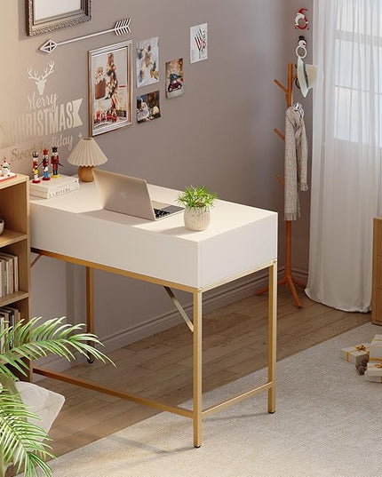 SUPERJARE 35.4" White and Gold Desk with 2 Drawers, Modern Makeup Vanity Desk, Small Computer Desk Home Office Desk for Writing Study Bedroom - LeafyLoom
