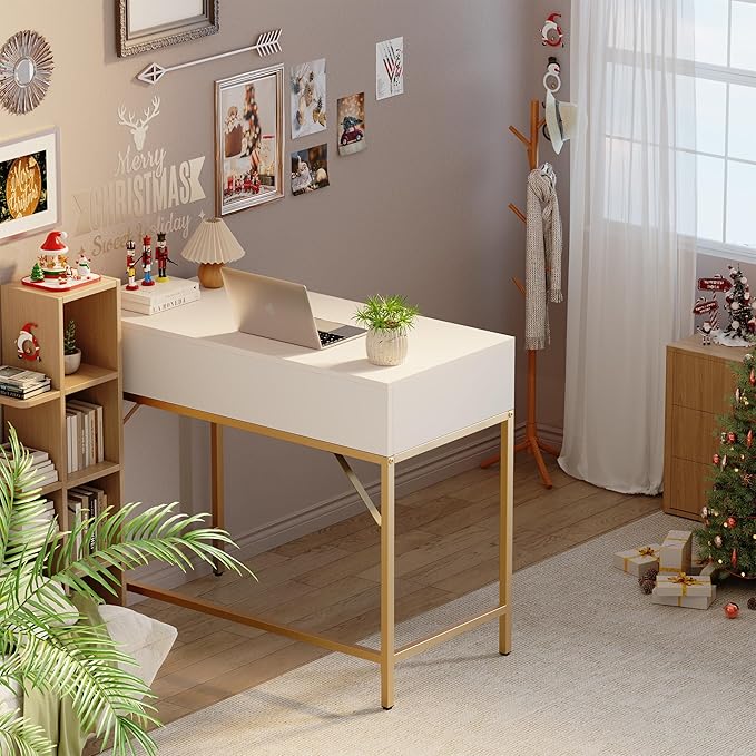 SUPERJARE 35.4" White and Gold Desk with 2 Drawers, Modern Makeup Vanity Desk, Small Computer Desk Home Office Desk for Writing Study Bedroom - LeafyLoom